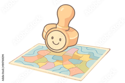 Lucid Dream Maps. A happy lucid planning stamp hovering over playful dream district maps, soft harmonious pastel palette, No text,