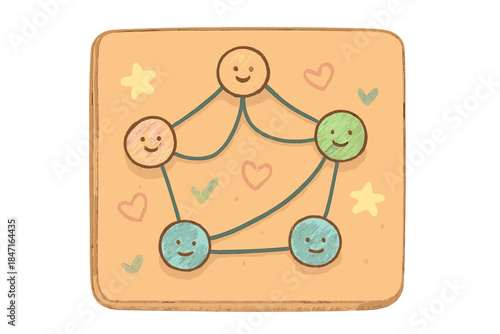 Cheerful Pinboard Art. A cheerful pinboard with smiling "goal" strings connecting tiny pins, soft pastel doodle style, No text, No