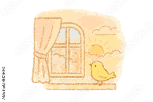 Miniature Morning Bliss. A miniature morning scene with cheerful dawn horizon, bird, and window, soft pastel doodle style, No text