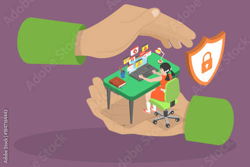 3D Isometric Flat Vector Illustration of Child Internet Safety, Control Children Internet Usage To Ensure Safety And Supervision