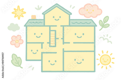 Cheerful Mansion Blueprint. A cheerful mansion blueprint with smiling "memory room" labels, soft pastel doodle style, No text, No