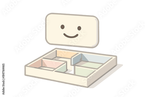 Blueprint Dreams. A smiling memory room label hovering above tiny blueprint rooms, gentle pastel accents, No text, No labels,