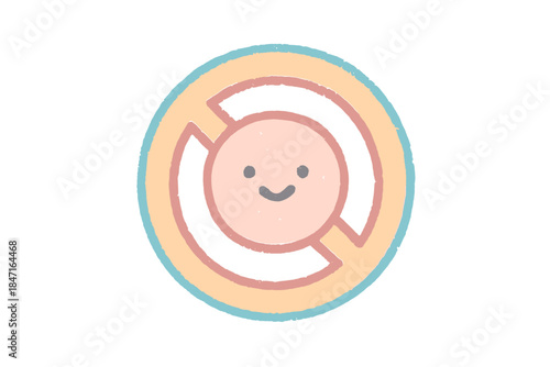 Smiling Forbidden Symbol. A tiny "forbidden section" warning symbol with a smiling face, cozy pastel doodle colors, No text, No
