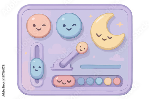 Lucid Dream Panel. A cute "lucid dreaming" control panel with winking buttons, soft harmonious pastel palette, No text, No labels,