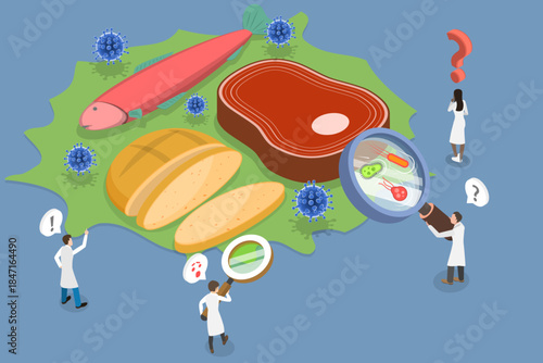3D Isometric Flat Vector Illustration of Damaged Food, Magnifying Glass Revealing Bacteria On Food