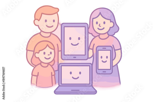 Joyful Family Screen Time. A friendly "family screen time" agreement icon with joyful smiling devices and family figures, soft