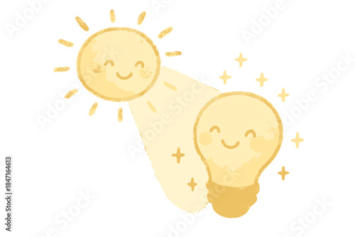 Radiant Lightbulb Glow. a smiling sunbeam gently lighting up a happy lightbulb surrounded by tiny sparkles, cozy doodle style,