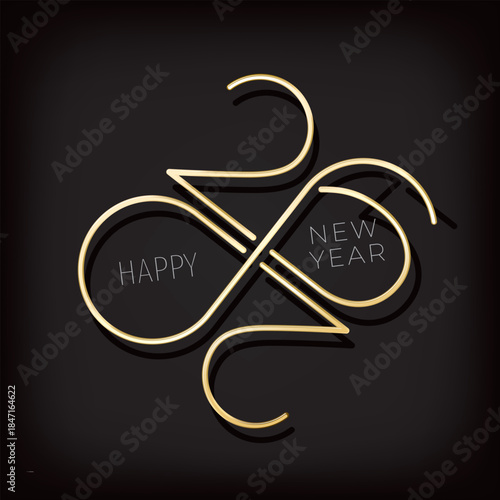2026 Rhombus Shape Composition Gold Numerals Logo with Zero and Six Making Mobius Loop and Happy New Year Greetings Lettering - Golden on Black Background - Gradient Graphic Design
