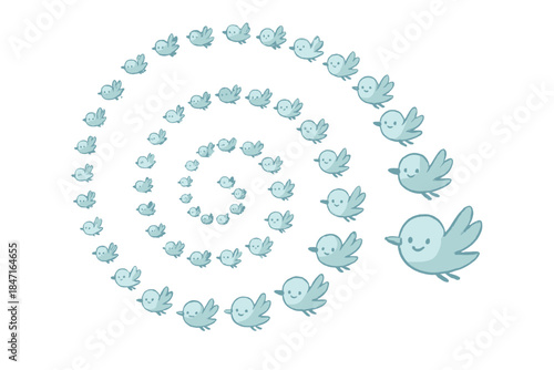 Spiral of Smiling Birds. a flock of birds flying in a smooth spiral, each with a tiny smile, moving in perfect unity, sky blue and