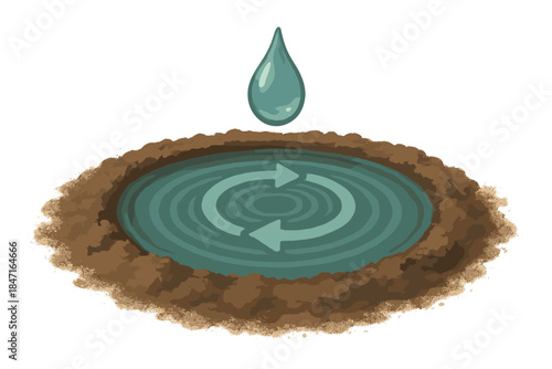 Digital Ripple Refresh. a droplet of water landing on soil and forming a tiny digital refresh icon in ripples, teal and soft brown