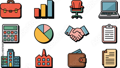 modern business and office icons featuring charts chair handshake pie graph and wallet symbols for corporate workflow finance and management design