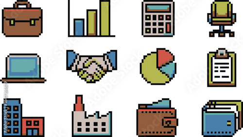 flat business and finance icons set with bar chart calculator handshake pie chart wallet and analytics symbols for accounting management and corporate design