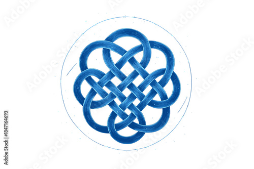 Celestial Knot. a circular knot formed of light beams and constellations, glowing as a symbol of completion, sapphire and white