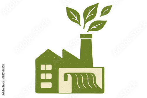 Eco-Friendly Textile Factory. a friendly factory emitting leaves instead of smoke, symbolizing sustainable textile production,