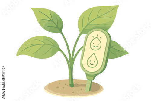 Plant Health Sensors. a plant health monitor with smiling sensors reading leaf energy and water levels, soft green and ivory tones