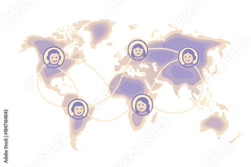 Global Remote Connections. a glowing world map where paths connect joyful faces working remotely in different time zones,