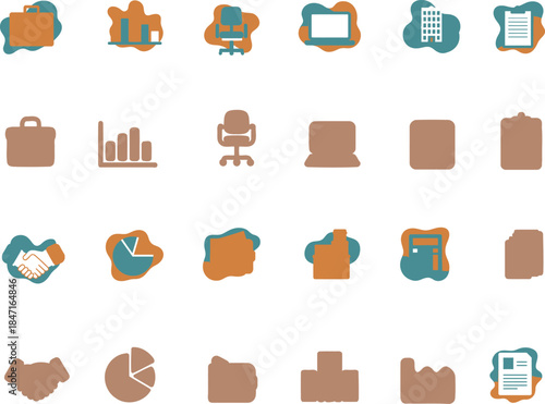 flat business people and office icons set with teamwork meeting workspace charts and communication symbols for corporate management and workflow design