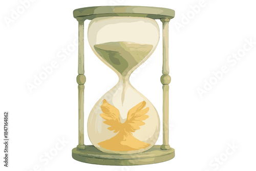 Hourglass of Transformation. a soft hourglass where the sand changes from green to golden wings as time passes, sage and amber