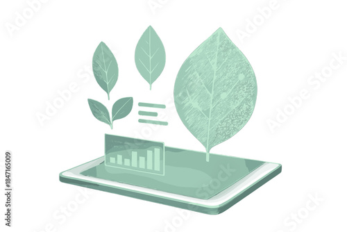 Futuristic Crop Analytics. a holographic tablet displaying real-time soil and crop analytics shaped like leaves, sage and pearl