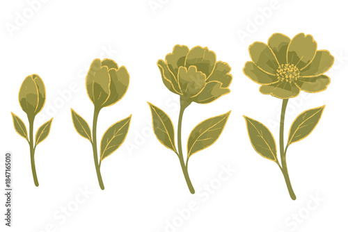 Healing Bloom Stages. a progress-tracking visualization showing blooming flowers at each stage of healing, moss and gold palette,