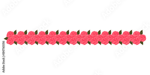 A border of bright pink, sweet, graceful roses and leaves for your design. Vector illustration isolated on a white background.