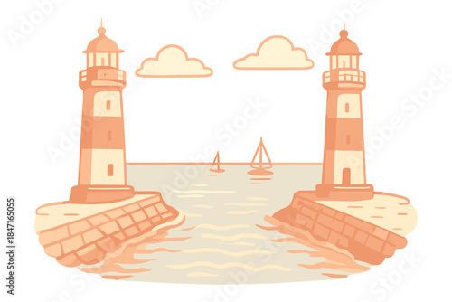 Twin Lighthouses Harbour. a peaceful harbor entrance lit by twin lighthouses symbolizing “safe navigation,” coral and cream