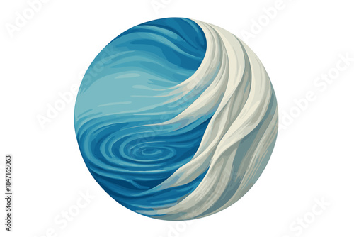 Watery Fabric Emblem. a circular emblem of rippling water morphing into flowing fabric strands, azure and ivory tones, No text, No