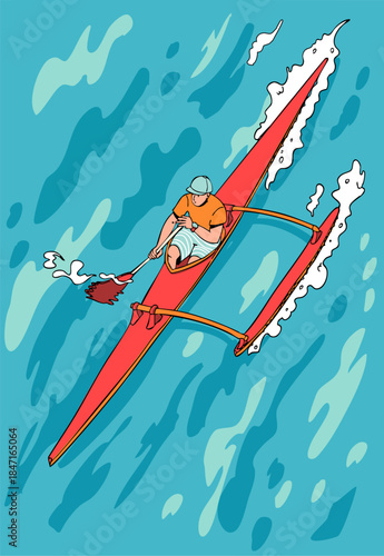 An athlete paddling an outrigger canoe on the ocean. Vector illustration.