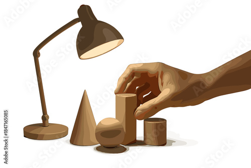 Geometric Shadows Experiment. a hand adjusting small geometric models under a lamp to test shadow placement, cream and smoke tones