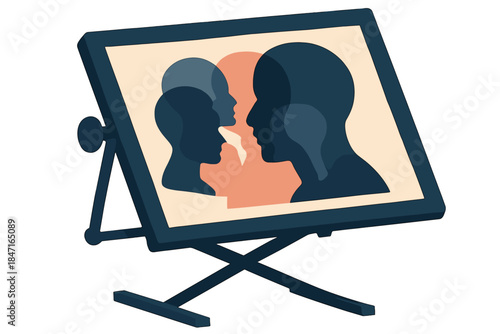 Silhouette Light Play. a digital drafting board showing overlapping silhouettes in varied light positions, navy and coral palette,