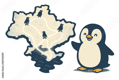 Penguin Migration Tracker. a cheerful penguin migration tracker with glowing path lines across a snow map, navy and cream palette,