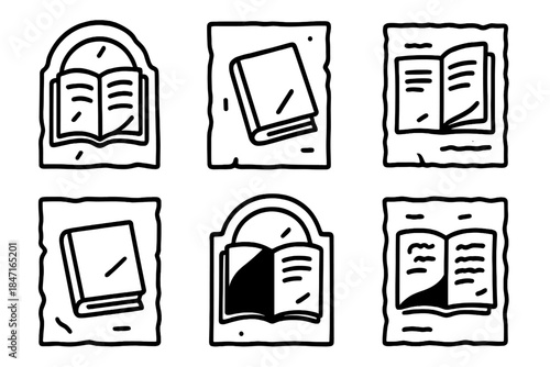 Mysterious Book Frescoes. Icons for: a mysterious volume fresco with shadows, an enigmatic book wall painting, a hidden-text