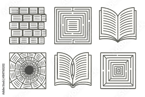 Infinite Manuscript Design. Icons for: an infinite page wall pattern, an endless manuscript mural, a repeating book texture