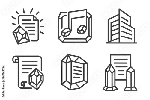 Prismatic Paper Artistry. Icons for: prismatic page structures scattering light, crystalline note frames, angular paper towers