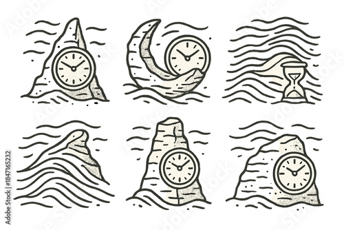 Eroded Timepiece Icons. Icons for: sandy gust stone timepieces marking decay, eroded wind-carved clocks, dune timers shaped from