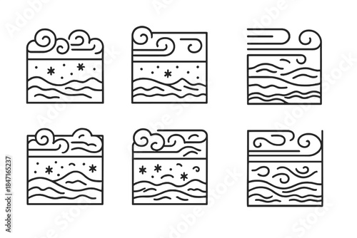 Frozen Tempest Icons. Icons for: three-part frozen plain tempests, segmented snowfield storms, layered frost wave panels, modular