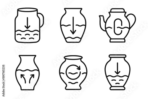 Innovative Water Vessels Icons. Icons for: center pull urns, gravity-pulled flow jars, suctioned water pots, inward-drawing