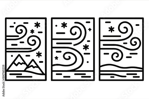 Triptych Arctic Storms. Icons for: triple-panel arctic storms unfolding in sequence, frozen wind triptychs sweeping across ice,