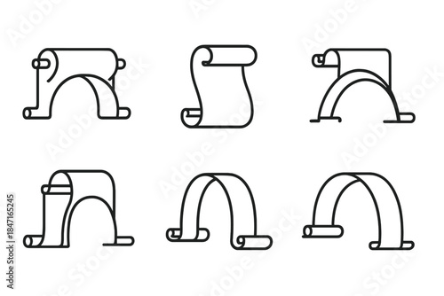 Scroll-Inspired Icons. Icons for: scroll overpass containers, rolled parchment bridges, unfurling script spans, ancient scroll