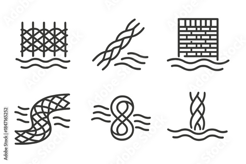 Woven Path Structures. Icons for: woven path marker dams interlacing direction and flow, braided barriers shaping current paths,