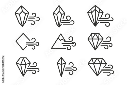 Abstract Wind Icons. Icons for: abstract crystal wind icons, minimal gem-air symbols, linear summit breeze diagrams, geometric