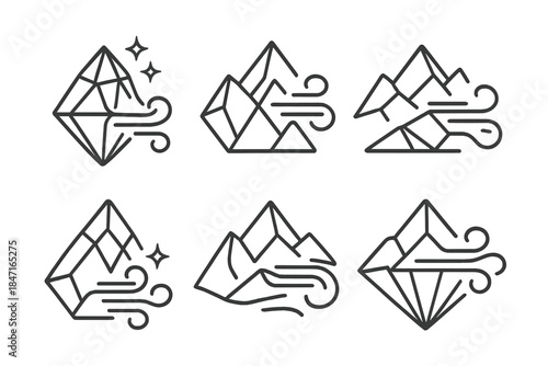 Gemstone Wind Icons. Icons for: gemstone high-point winds sparkling with motion, faceted summit currents, jewel-toned mountain