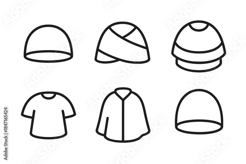 Circular Dome Clothing Icons. Icons for: circular dome clothing, hemispheric textile wraps, rounded layered garments, curved upper