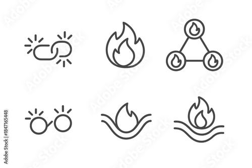 Ignition Bonds Icons. Line vector icons of moving ignition bonds: linked sparks, connected flames, bonded fire nodes, merging