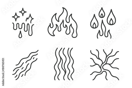 Fluid Ignition Patterns. Line vector icons of fluid ignition patterns: melting spark trails, liquid flame shapes, dripping fire