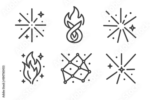 Radiant Motion Icons. Line vector icons of radiant motion bonds: luminous spark webs, bright flame knots, glowing ignition threads