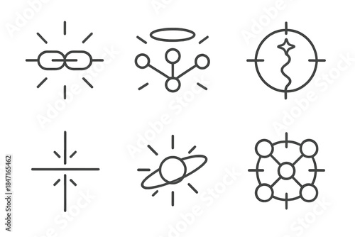 Divine Vector Icons. Line vector icons of divine hub encouragements: celestial link symbols, radiant halo networks, uplifting