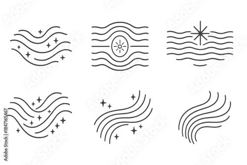 Celestial Signal Icons. Line vector icons of celestial signal flows: streaming divine lines, wave-like halo trails, shining pulse