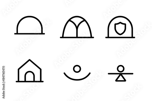 Balancing Dome Icons. Line vector icons of balancing comfort havens: symmetrical dome icons, paired stability arches, centered