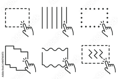 Tapping Enclosure Icons. Line vector icons of tapping enclosure shifts: dotted wall transitions, rhythmic tap lines, point-marked